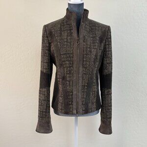 Betty Barclay Collection Vtg Olive Tweed Suede Paneled Moto Jacket Size 38‎ S/M